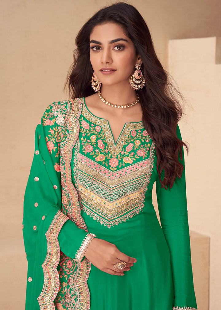 Parakeet Green Designer Chinon Silk Embroidered Palazzo Suit