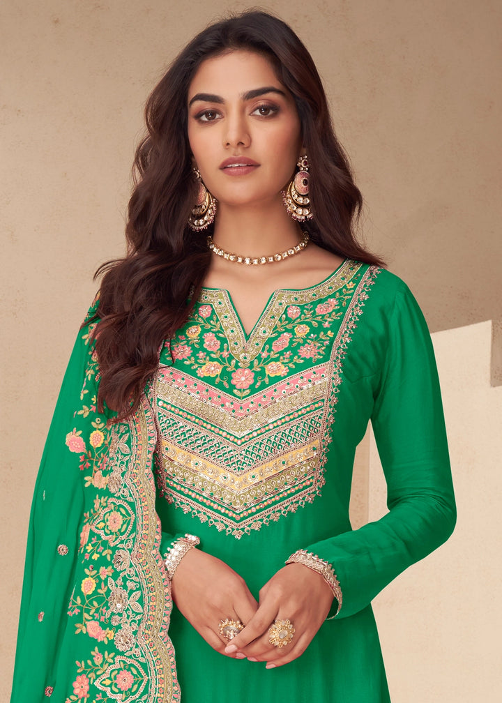 Parakeet Green Designer Chinon Silk Embroidered Palazzo Suit