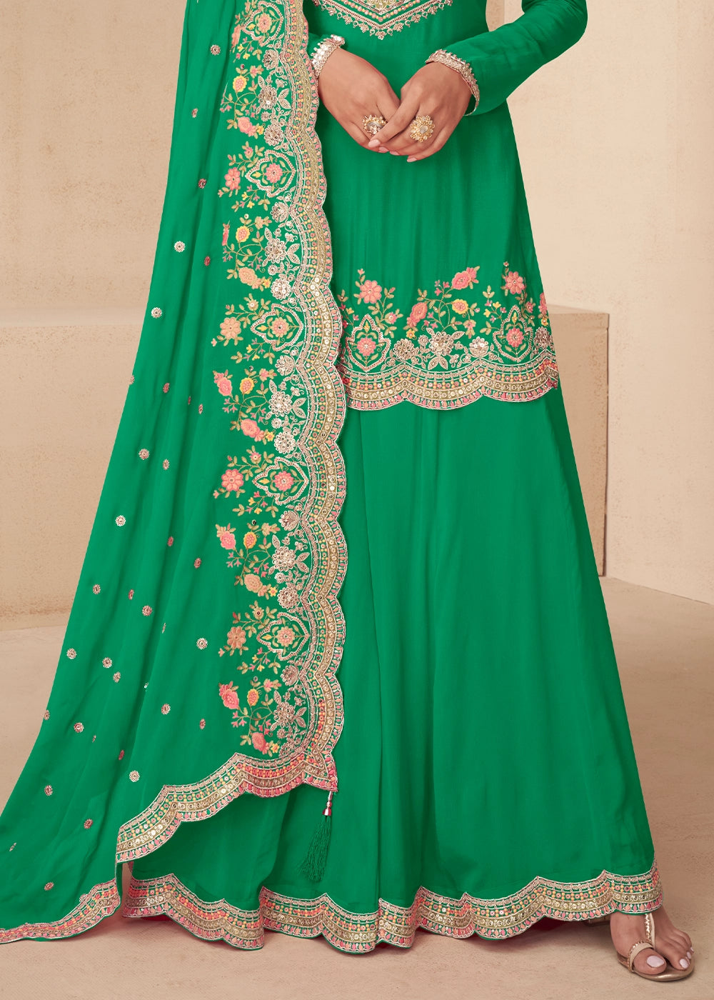 Parakeet Green Designer Chinon Silk Embroidered Palazzo Suit