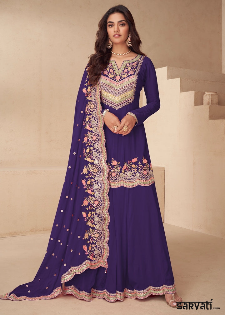 Royal Purple Designer Chinon Silk Embroidered Palazzo Suit