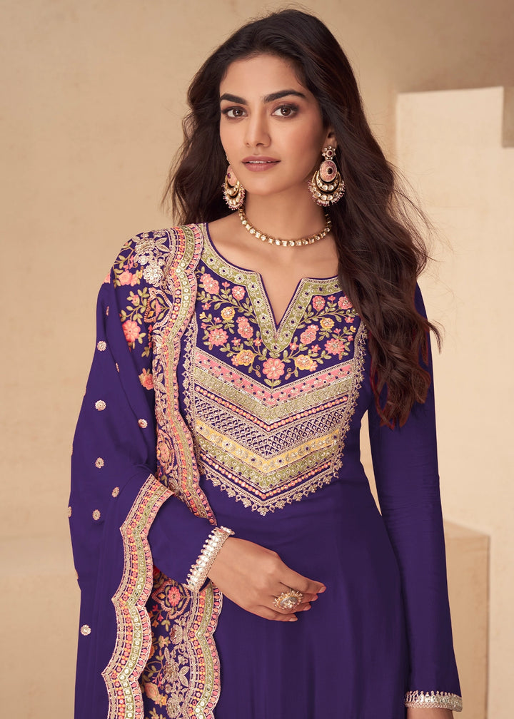 Royal Purple Designer Chinon Silk Embroidered Palazzo Suit