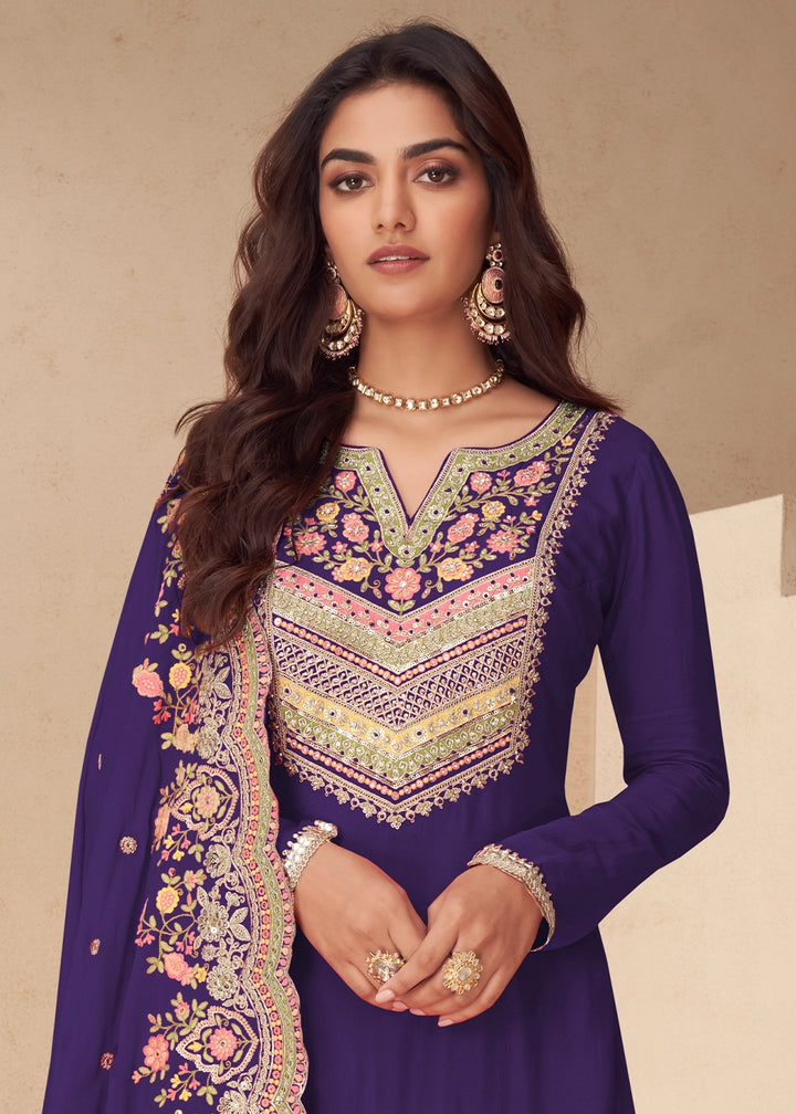 Royal Purple Designer Chinon Silk Embroidered Palazzo Suit