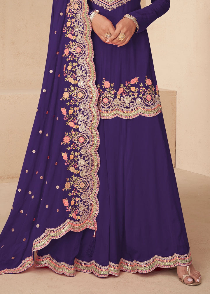 Royal Purple Designer Chinon Silk Embroidered Palazzo Suit