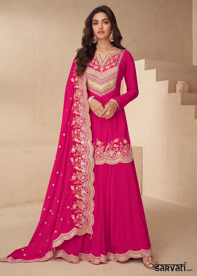 Magenta Pink Designer Chinon Silk Embroidered Palazzo Suit
