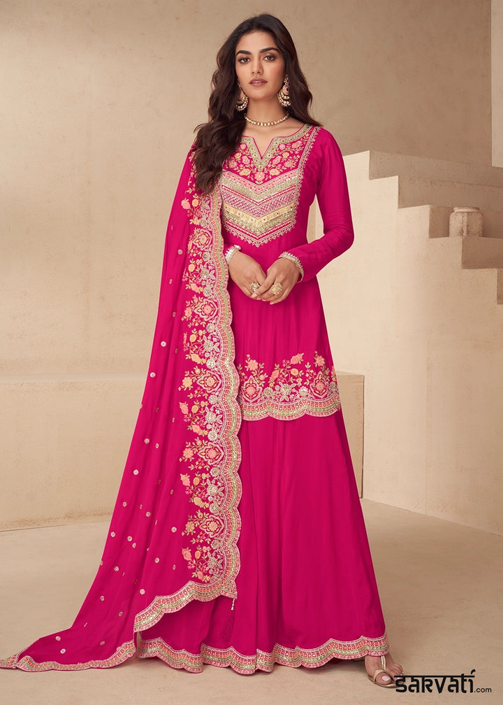 Magenta Pink Designer Chinon Silk Embroidered Palazzo Suit