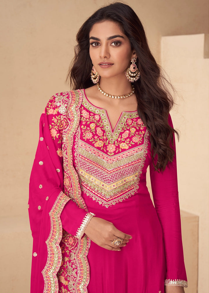Magenta Pink Designer Chinon Silk Embroidered Palazzo Suit