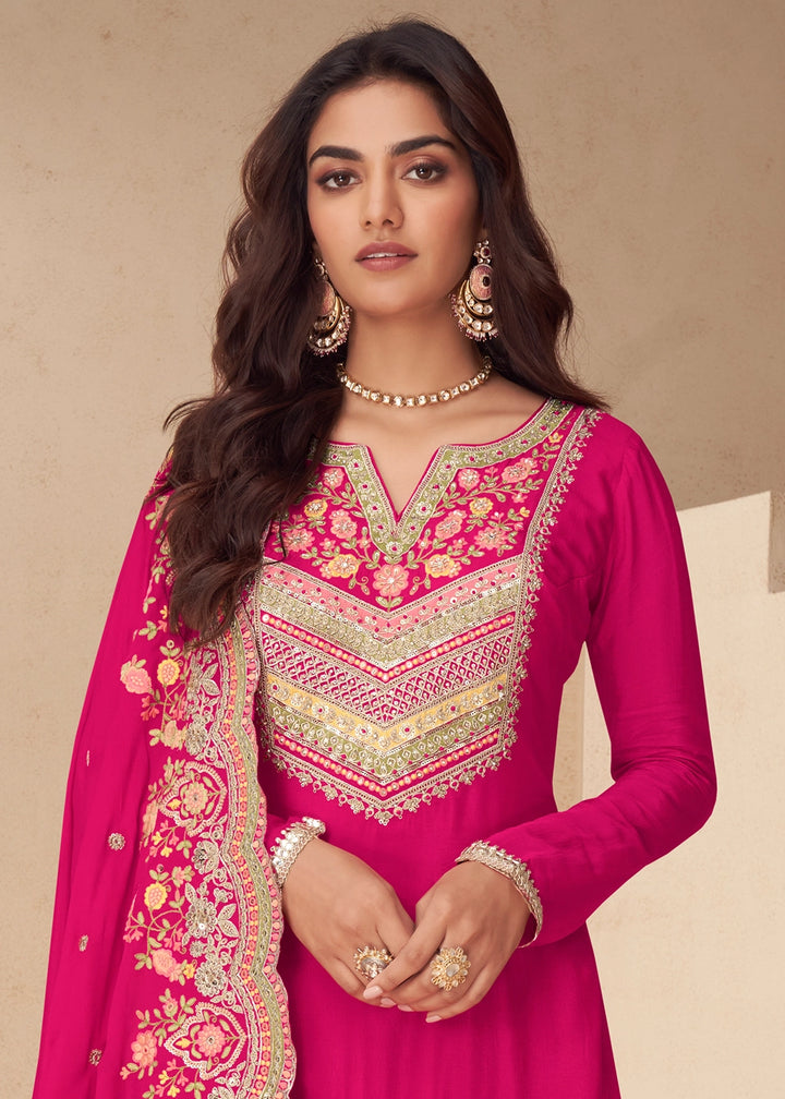 Magenta Pink Designer Chinon Silk Embroidered Palazzo Suit