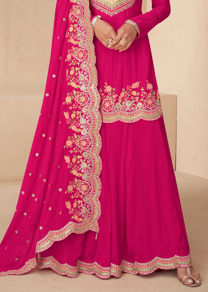 Magenta Pink Designer Chinon Silk Embroidered Palazzo Suit