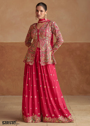Cerise Pink Chinon Silk Palazzo Pants with Embroidered Top