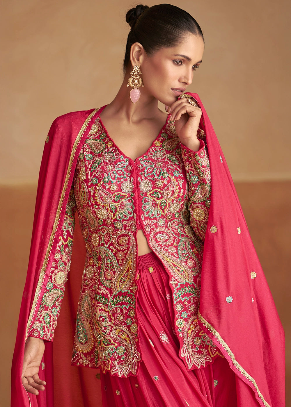 Cerise Pink Chinon Silk Palazzo Pants with Embroidered Top