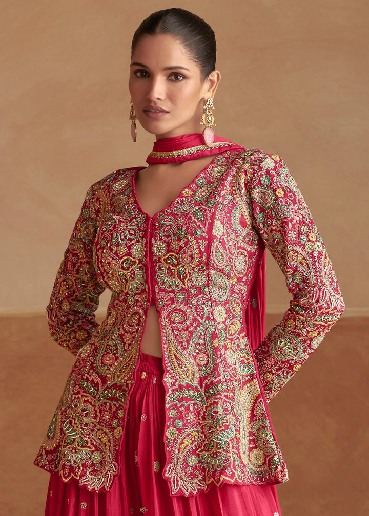 Cerise Pink Chinon Silk Palazzo Pants with Embroidered Top