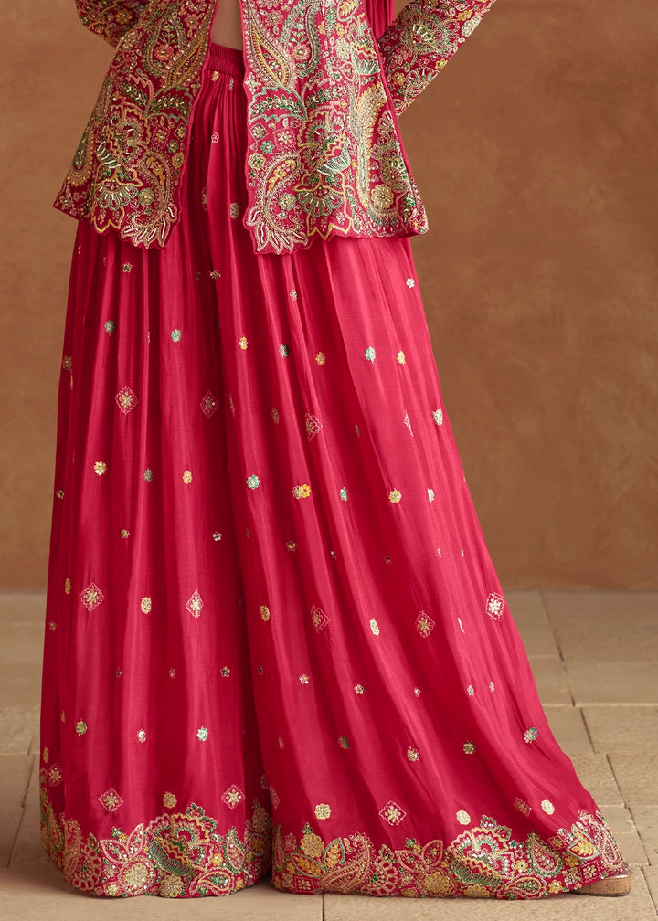 Cerise Pink Chinon Silk Palazzo Pants with Embroidered Top
