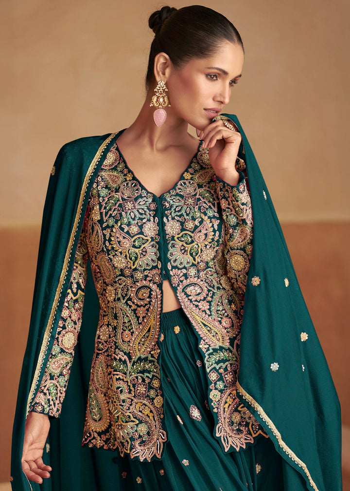 Teal Green Chinon Silk Palazzo Pants with Embroidered Top