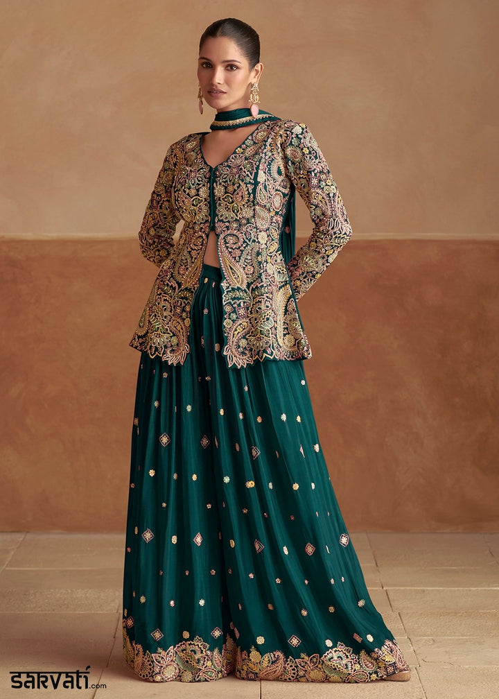 Teal Green Chinon Silk Palazzo Pants with Embroidered Top