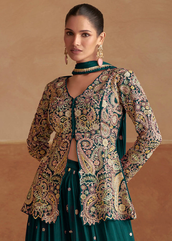 Teal Green Chinon Silk Palazzo Pants with Embroidered Top