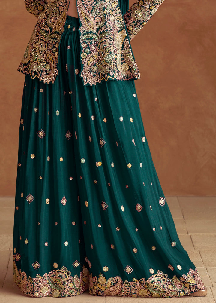 Teal Green Chinon Silk Palazzo Pants with Embroidered Top