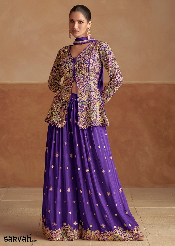 Royal Purple Chinon Silk Palazzo Pants with Embroidered Top