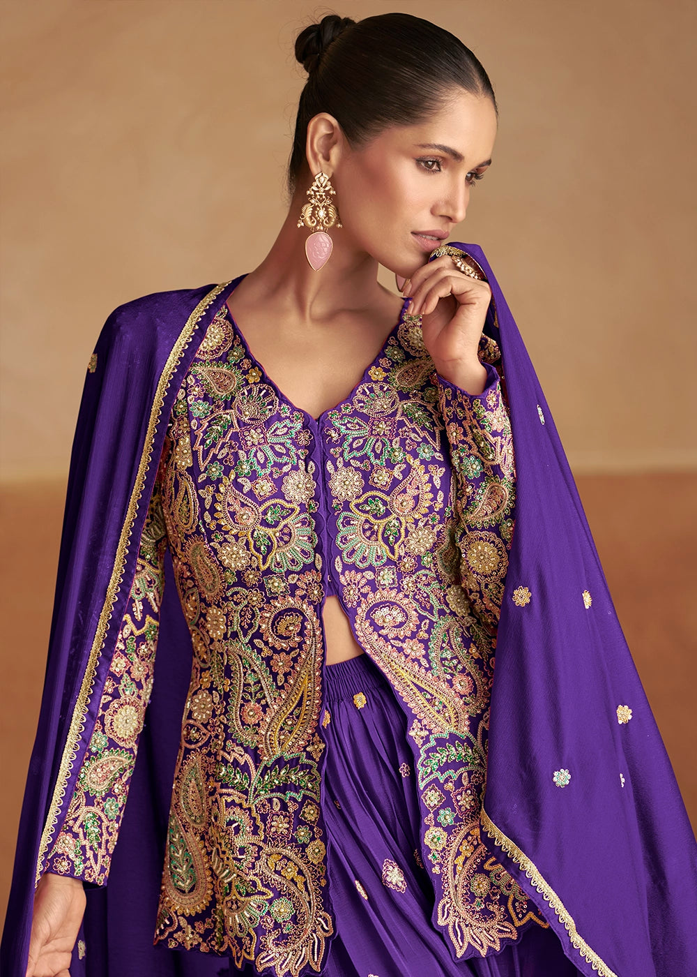 Royal Purple Chinon Silk Palazzo Pants with Embroidered Top