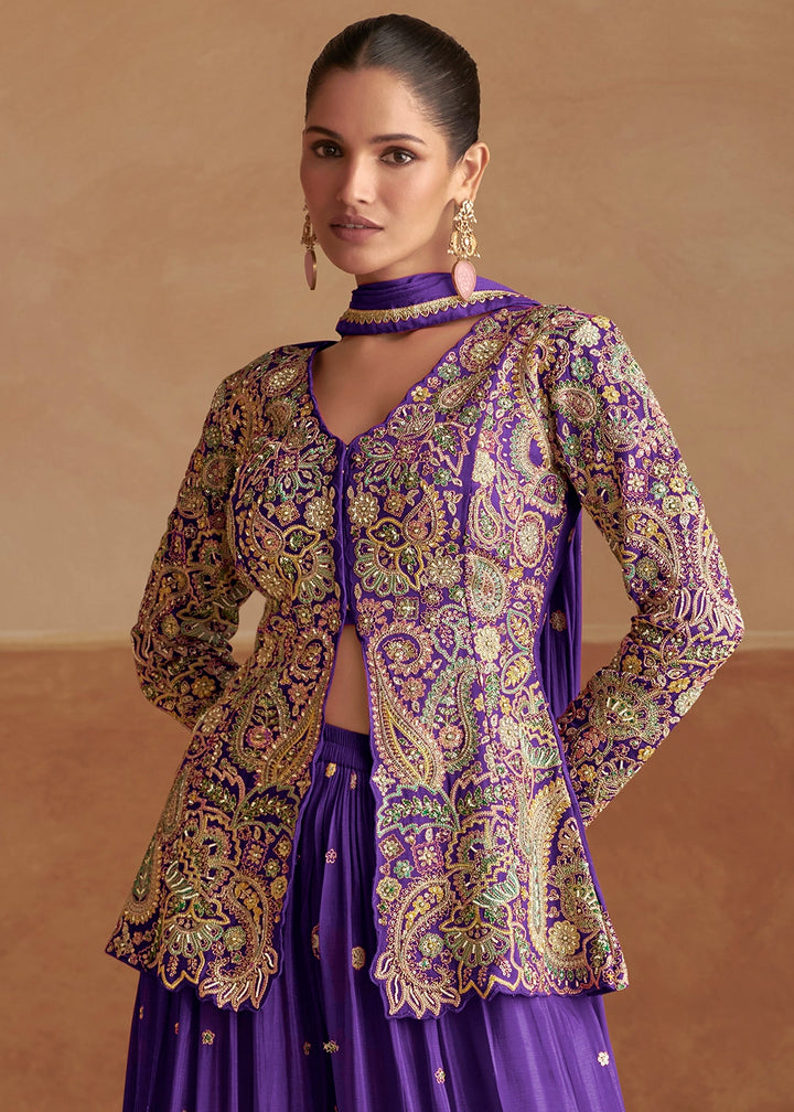 Royal Purple Chinon Silk Palazzo Pants with Embroidered Top