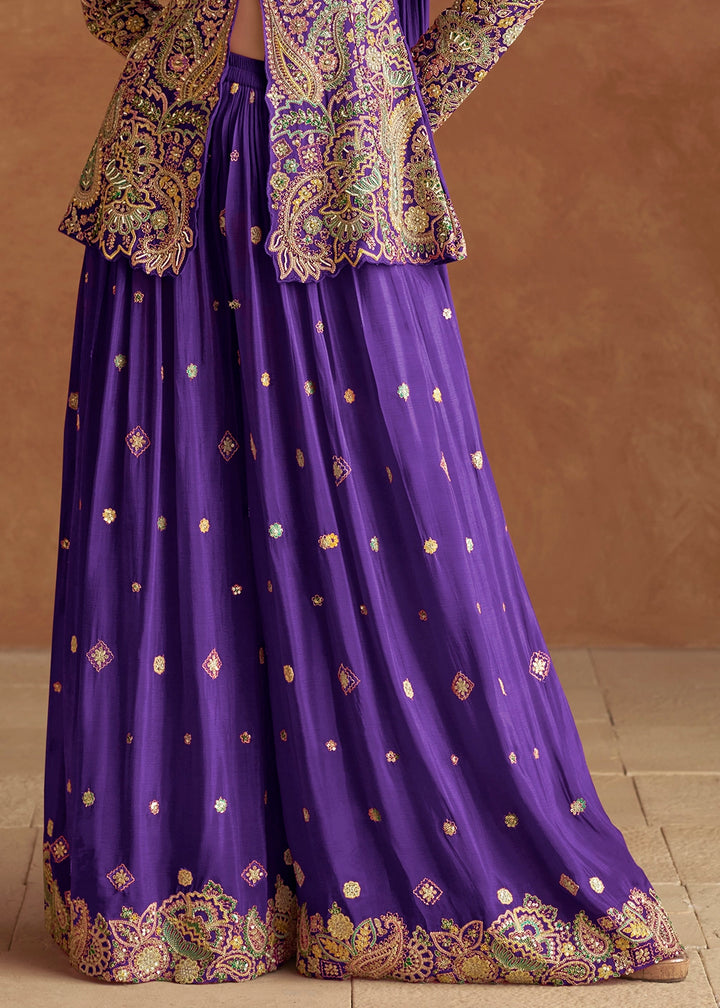 Royal Purple Chinon Silk Palazzo Pants with Embroidered Top