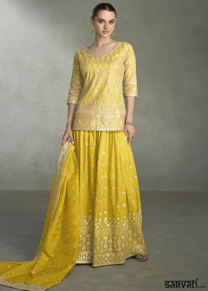 Aureolin Yellow Simar Silk Palazzo Outfit with Embroidered Detailing