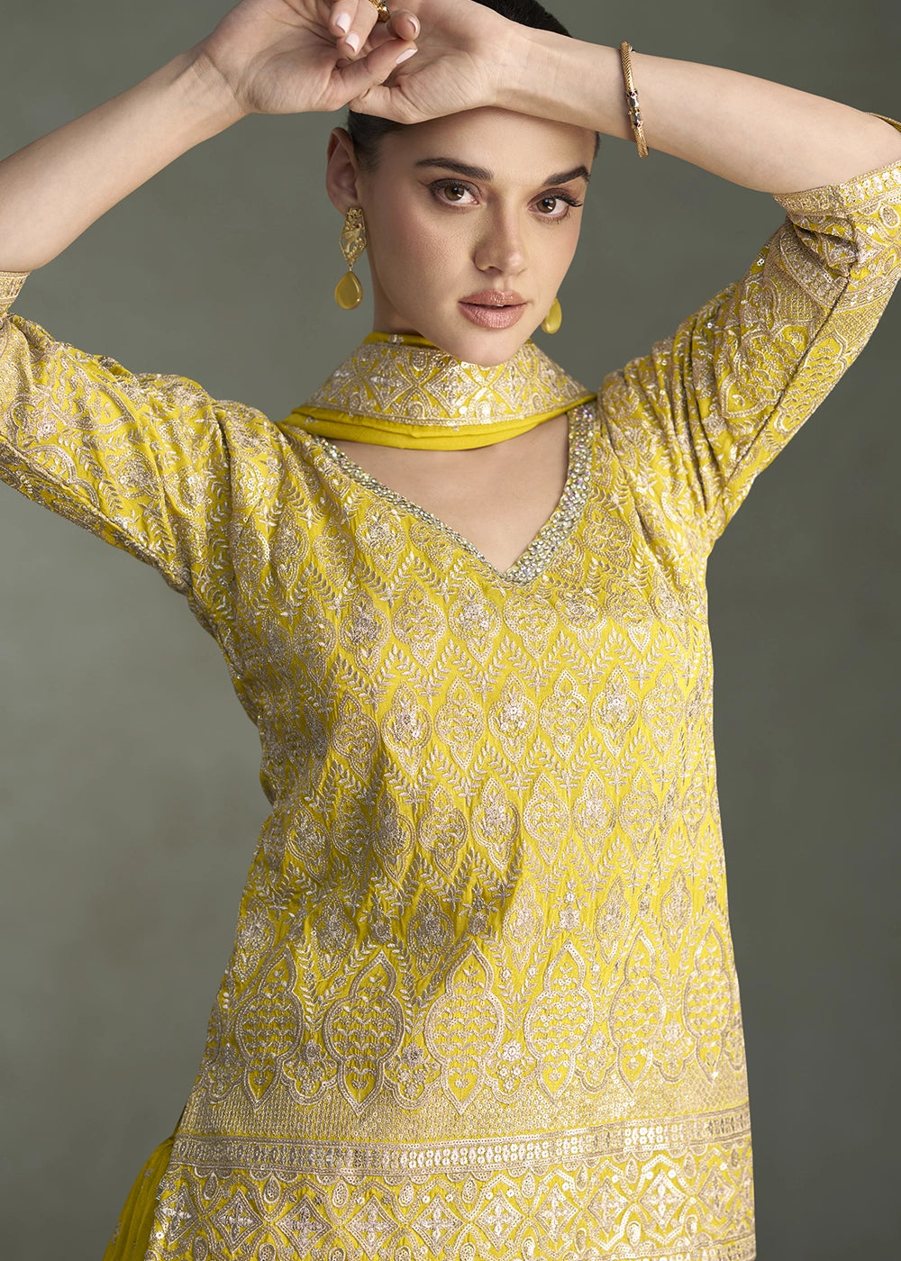 Aureolin Yellow Simar Silk Palazzo Outfit with Embroidered Detailing