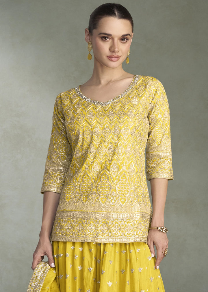 Aureolin Yellow Simar Silk Palazzo Outfit with Embroidered Detailing
