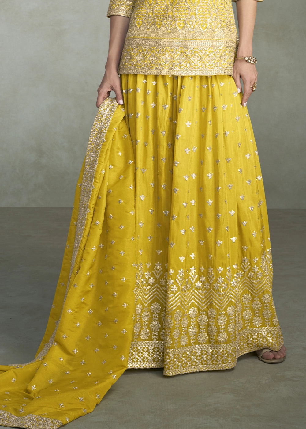 Aureolin Yellow Simar Silk Palazzo Outfit with Embroidered Detailing