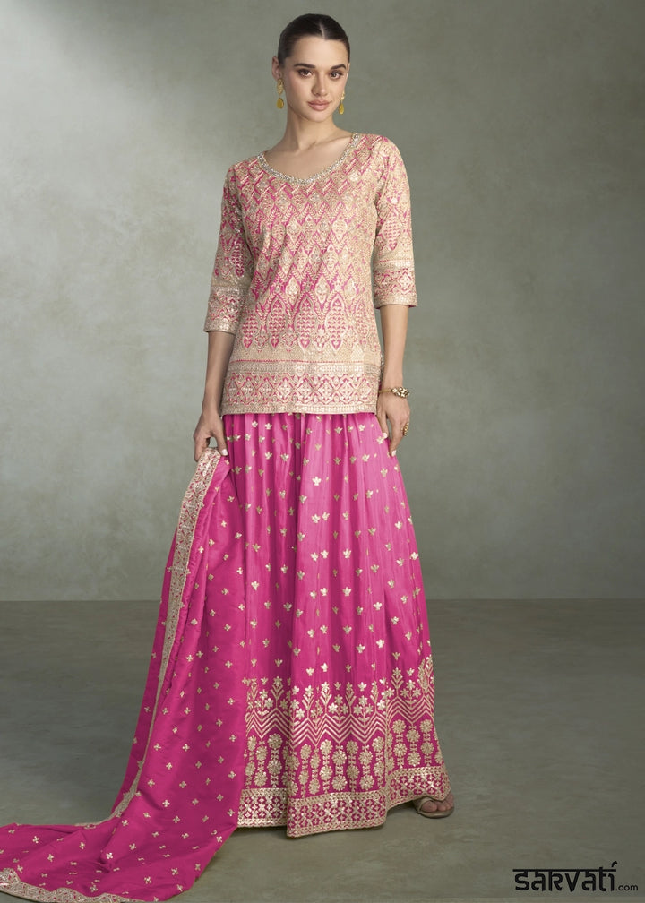 Hot Pink Simar Silk Palazzo Outfit with Embroidered Detailing