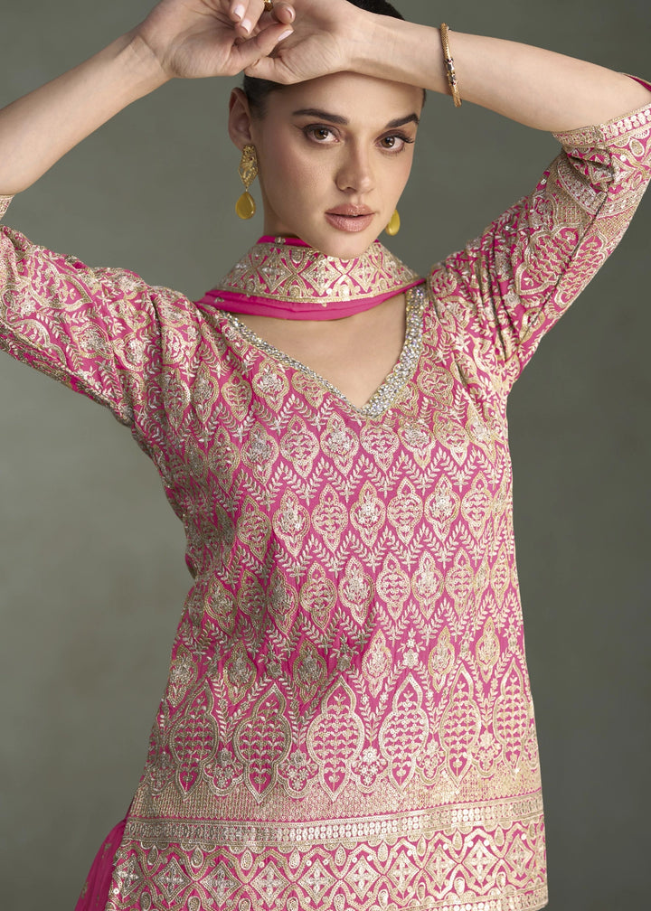 Hot Pink Simar Silk Palazzo Outfit with Embroidered Detailing