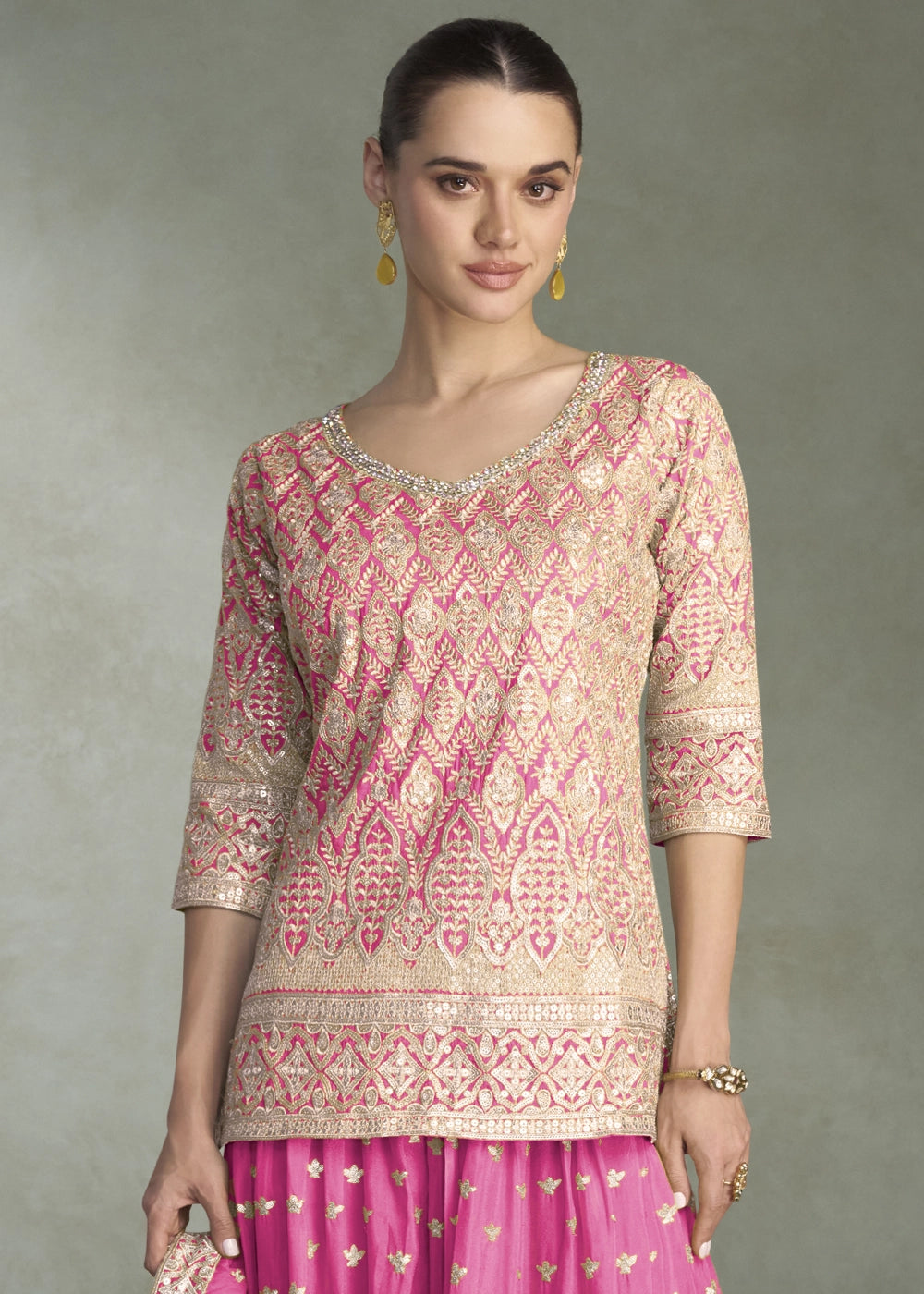 Hot Pink Simar Silk Palazzo Outfit with Embroidered Detailing
