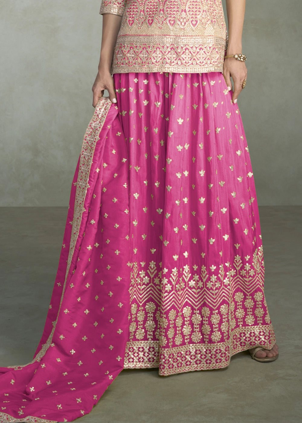 Hot Pink Simar Silk Palazzo Outfit with Embroidered Detailing