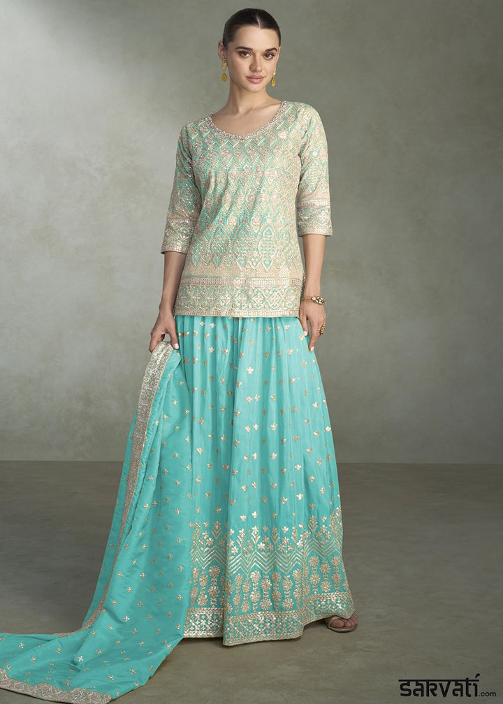 Cyan Blue Simar Silk Palazzo Outfit with Embroidered Detailing