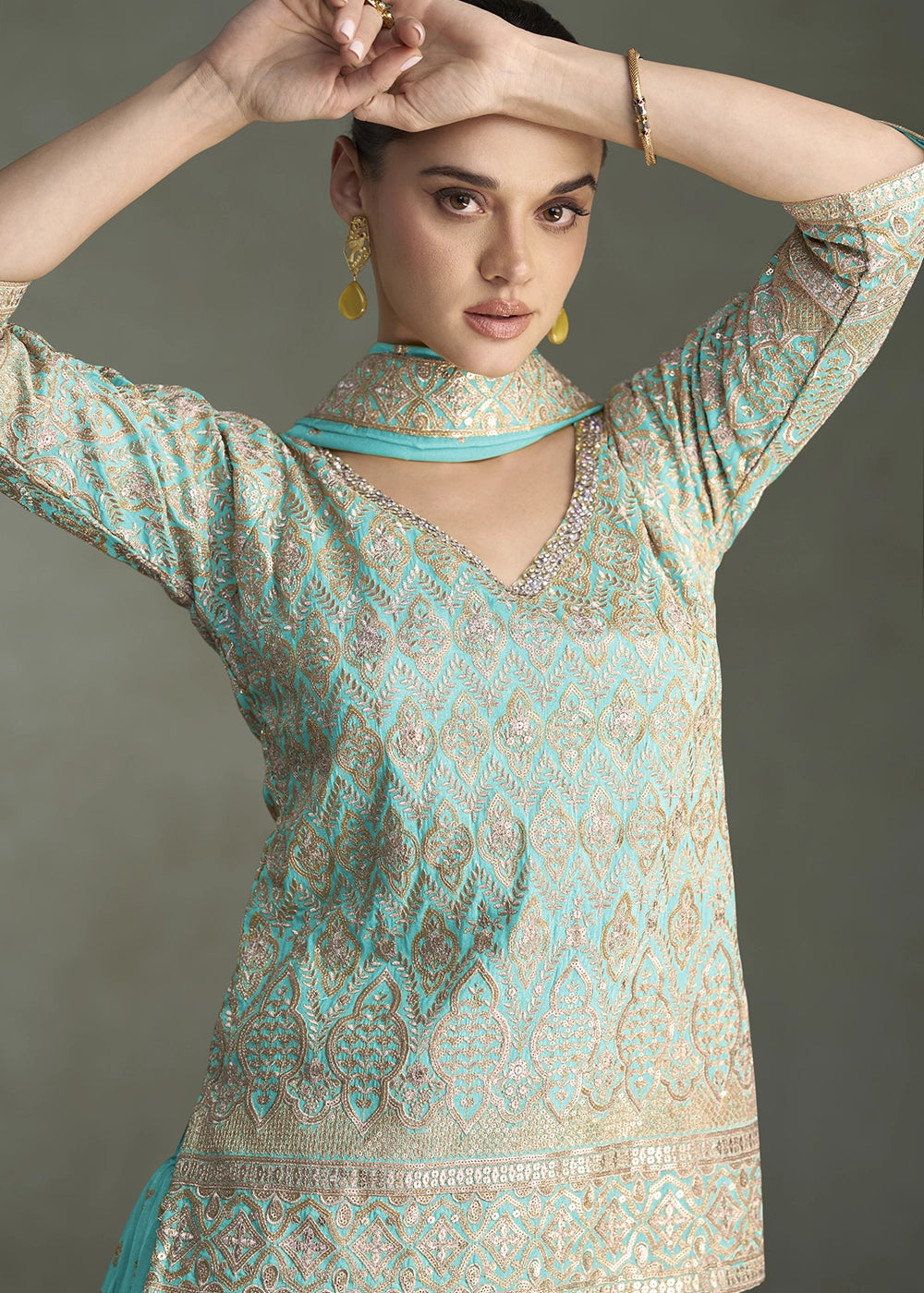 Cyan Blue Simar Silk Palazzo Outfit with Embroidered Detailing