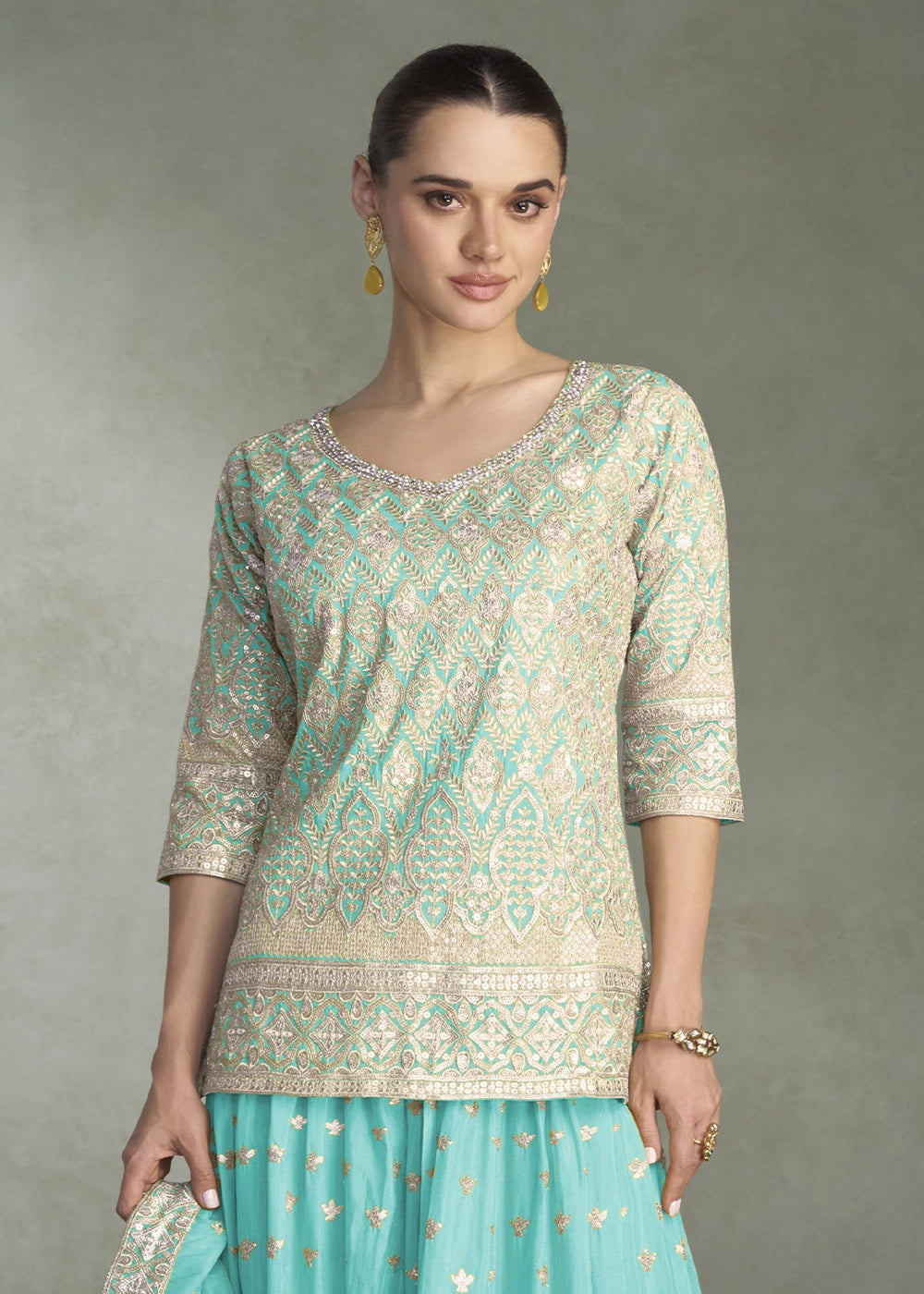 Cyan Blue Simar Silk Palazzo Outfit with Embroidered Detailing