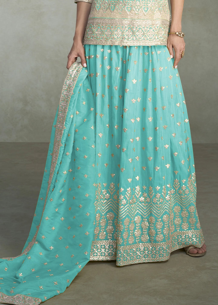 Cyan Blue Simar Silk Palazzo Outfit with Embroidered Detailing