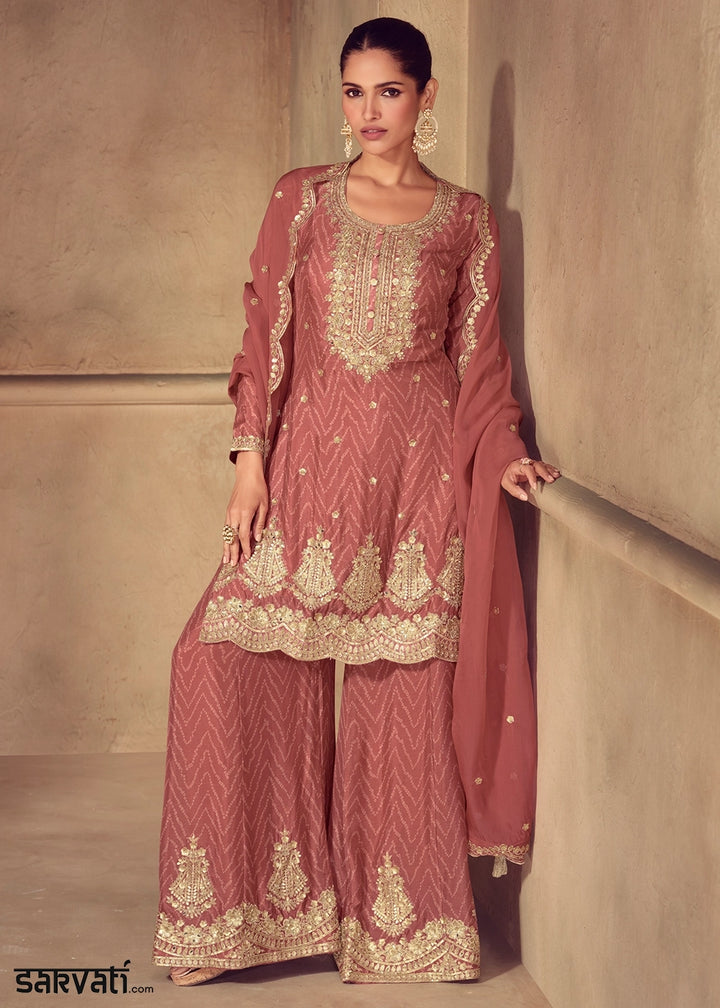 Chestnut Brown Chinon Silk Palazzo Suit with Digital Print and Embroidery