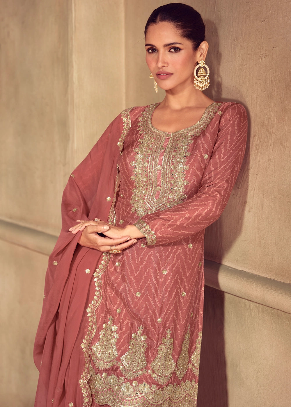Chestnut Brown Chinon Silk Palazzo Suit with Digital Print and Embroidery