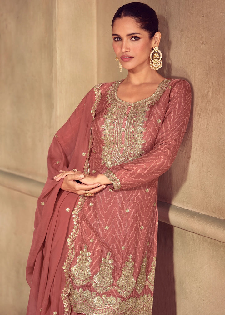 Chestnut Brown Chinon Silk Palazzo Suit with Digital Print and Embroidery
