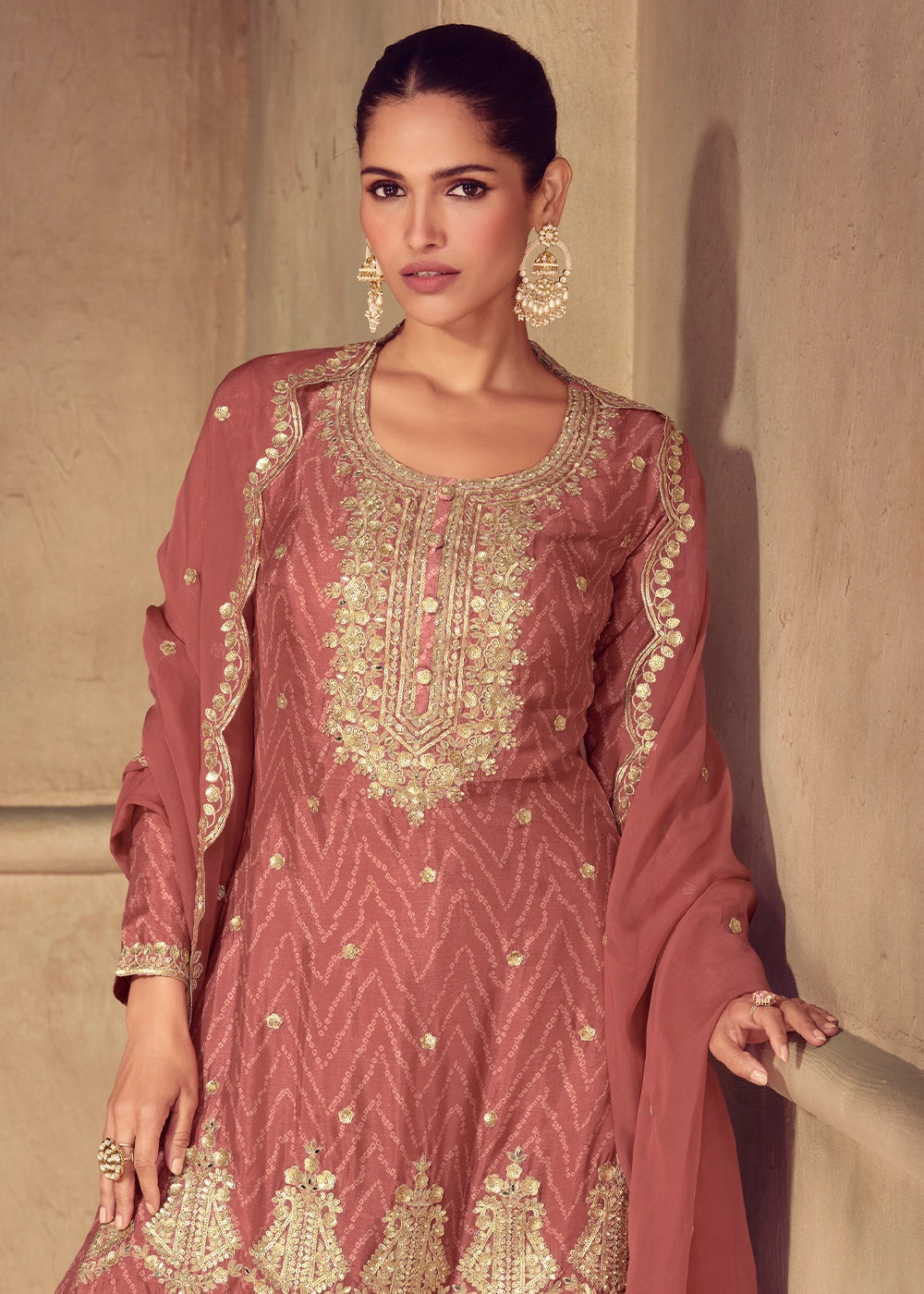 Chestnut Brown Chinon Silk Palazzo Suit with Digital Print and Embroidery