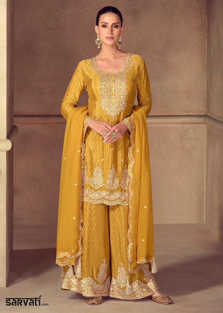 Canary Yellow Chinon Silk Palazzo Suit with Digital Print and Embroidery