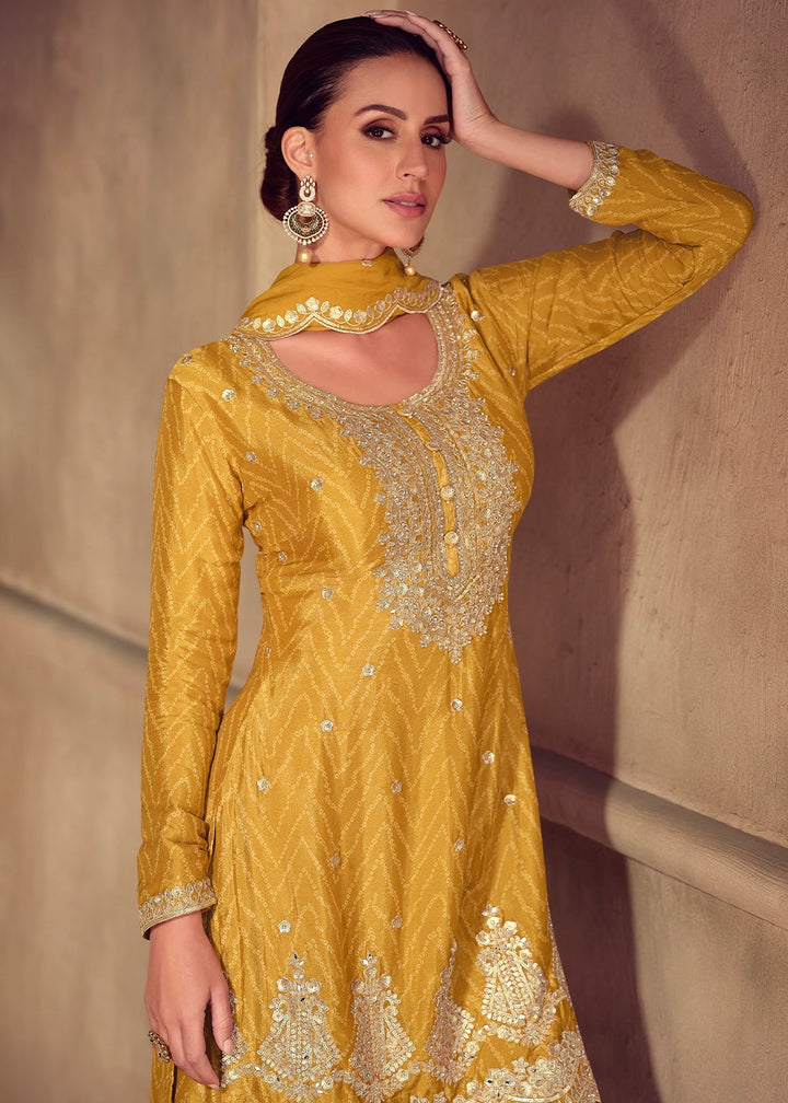Canary Yellow Chinon Silk Palazzo Suit with Digital Print and Embroidery