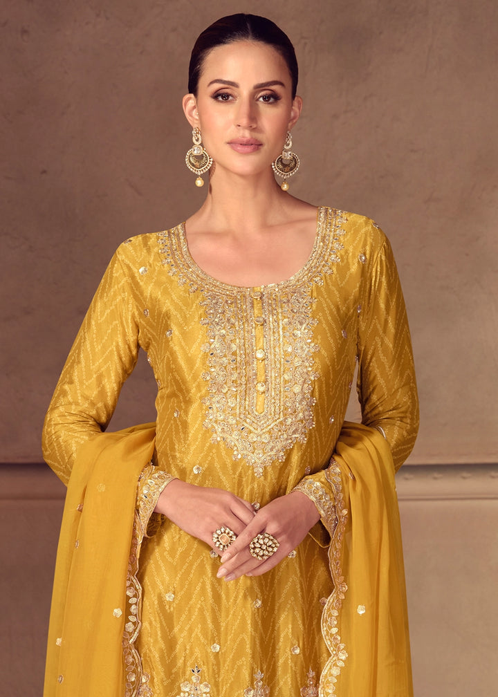 Canary Yellow Chinon Silk Palazzo Suit with Digital Print and Embroidery