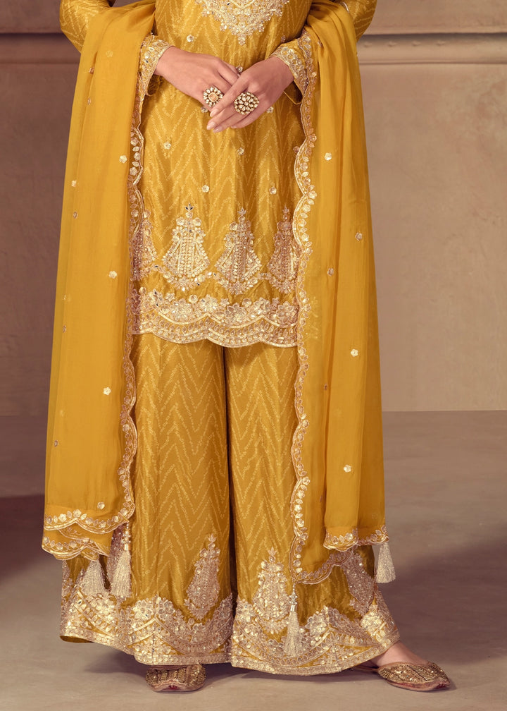 Canary Yellow Chinon Silk Palazzo Suit with Digital Print and Embroidery