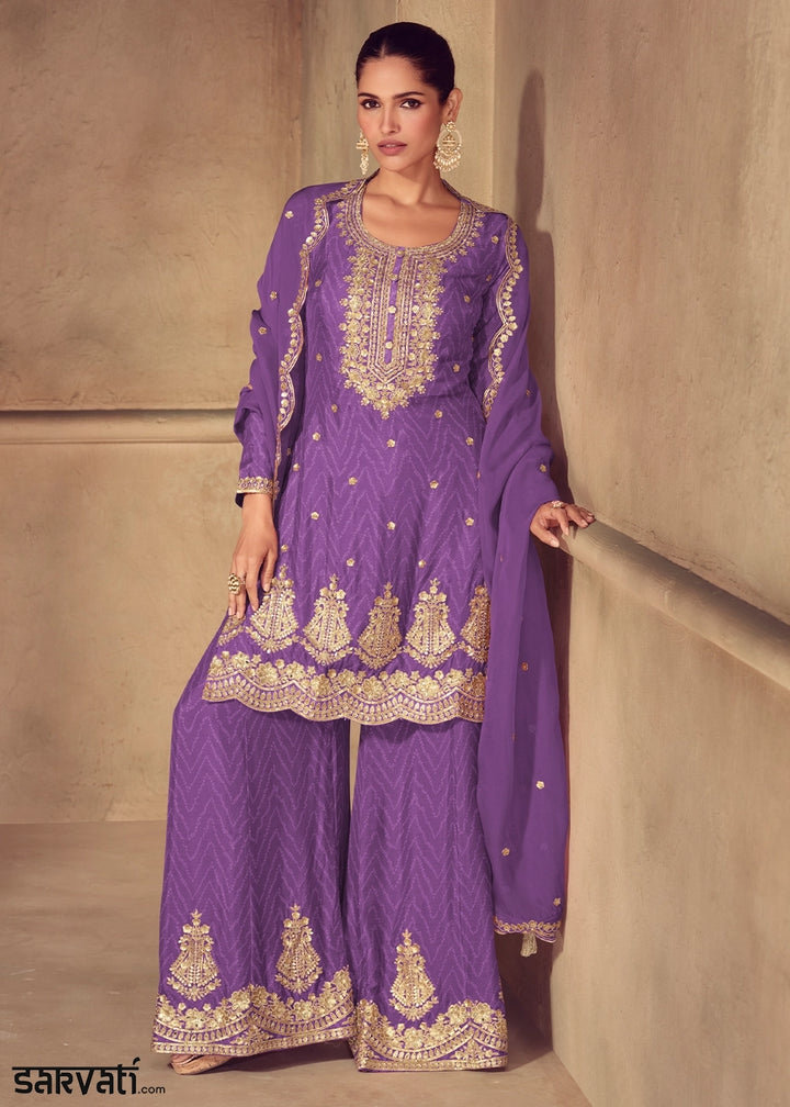 True Purple Chinon Silk Palazzo Suit with Digital Print and Embroidery