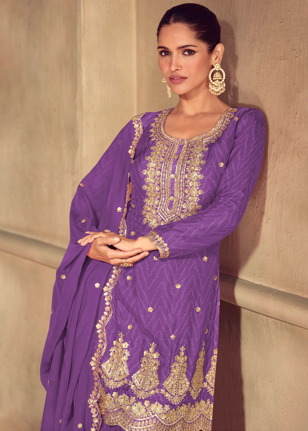 True Purple Chinon Silk Palazzo Suit with Digital Print and Embroidery