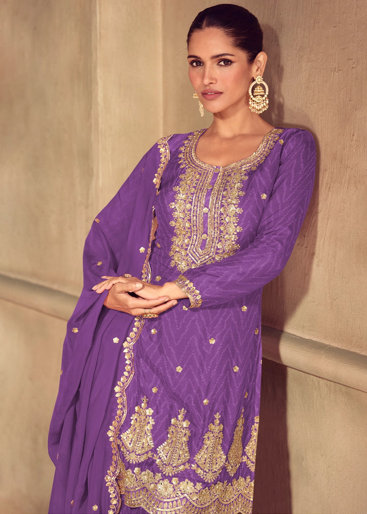 True Purple Chinon Silk Palazzo Suit with Digital Print and Embroidery