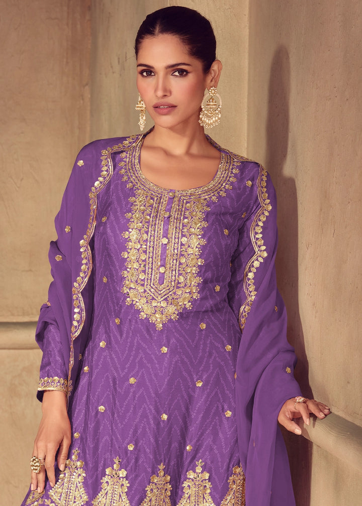 True Purple Chinon Silk Palazzo Suit with Digital Print and Embroidery