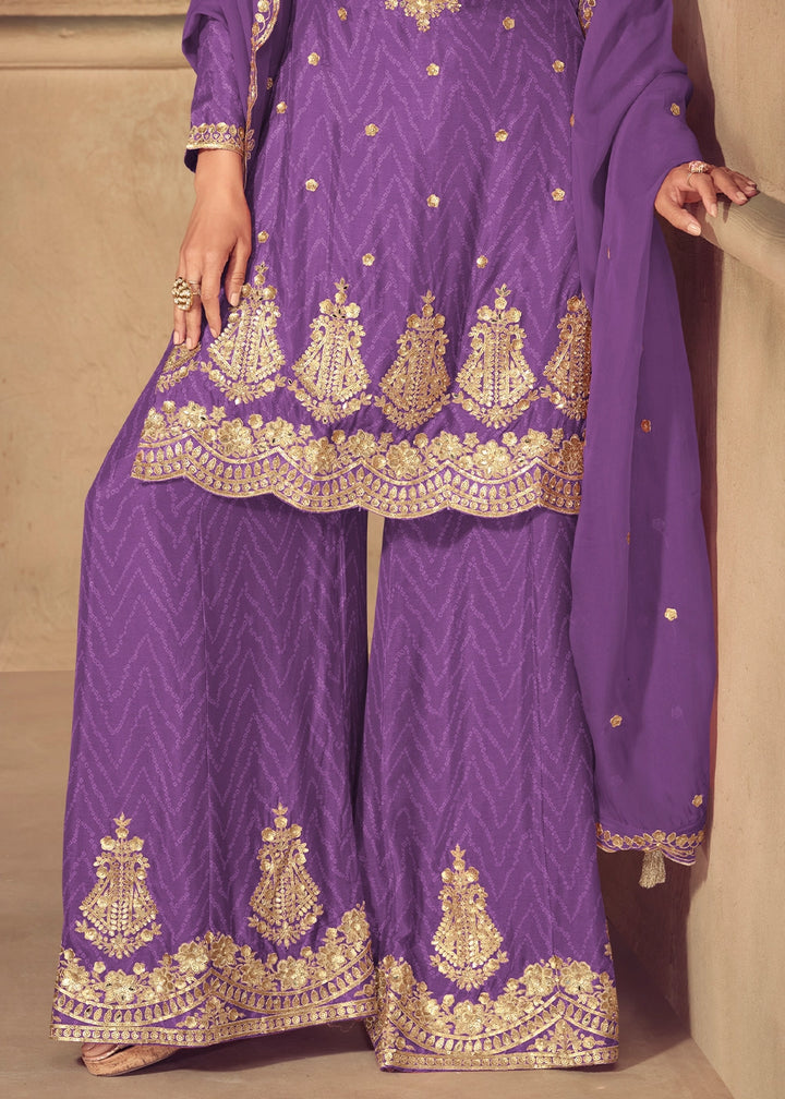 True Purple Chinon Silk Palazzo Suit with Digital Print and Embroidery