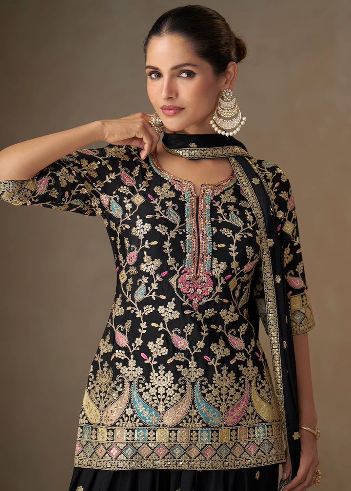Pebble Black Embroidered Chinon Silk Palazzo Suit for Festive Wear